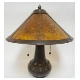 1245	CONTEMPORARY ARTS & CRAFTS STYLE TABLE LAM, EMBOSSED COPPER LAMP WITH MICA SHADE, APPROXIMATELY 21 IN H, MISSING CORD