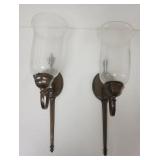 1246	PAIR OF HANGING CANDLE SCONCES WITH GLASS HURRICANE SHADES, EACH APPROXIMATELY 19 IN H X 11 IN 