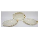 1045	3 LARGE VINTAGE LENOX CHINA ANCANTHUS LEAF BOWLS, HAND DECORATED 14K GOLD TRIM, LARGEST APPROXI