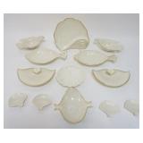 1076	LENOX CHINA GROUP OF 13 ASSORTED TRAYS, MANY IN SHELL FORM AND FISH, MOST 14K GOLD RIM TRIM, LA