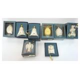 1088	LENOX CHINA CHRISTMAS ORNAMENT ASSORTMENT, 8 INCLUDING ANNUALS, BELLS, CANDLE, AND OTHERS