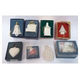 1090	LENOX CHINA CHRISTMAS ORNAMENT ASSORTMENT, 8 INCLUDING ANNUALS, TOWN HALL, VILLAGE INN, CHURCH,
