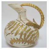 1079	OTT & BREWER AMERICAN BELLEEK EWER WITH CACTUS HANDLE AND BAMBOO SHAPED SPOUT, APPROXIMATELY 8 1/2 IN H