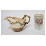 1090	AMERICAN BELLEEK SMALL PITCHER & HAND PAINTED VASE, PITCHER W/TWIG HANDLE & BORDER, TALLEST APP