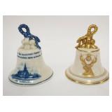 1107	AMERICAN BELLEEK CAP COLUMBIAN ART POTTERY BLUE LIBERTY BELL & ELKS BELL, EACH APPROXIMATELY 4 