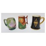 1115	3 AMERICAN BELLEEK HAND PAINTED MUGS, ONE MADE BY THEODORE B STAR NY, TALLEST APPROXIMATELY 6 I