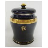 1214	LENOX COBALT BLUE TOBACCO JAR MONOGRAMMED W/GILT TRIM ACCENTS, APPROXIMATELY 8 1/4 IN HIGH