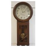 1239	ANTIQUE WALL CLOCK IN OAK CASE, FOR PARTS OR RESTORATION, APPROXIMATELY 36 IN HIGH