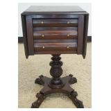 1252	ANTIQUE EMPIRE FEDERAL 3 DRAWER WORK STAND WITH CARVED PAW FEET AND DROP SIDES, APPROXIMATELY 1