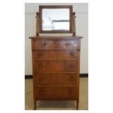 1265	BUTTERNUT 6 DRAWER CHEST WITH MIRROR TOP, VENEER LOSS TO BOTTOM EDGE, APPROXIMATELY 33 IN X 19 