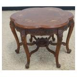1271	INLAID ITALIAN SCALLOPED EDGE TABLE WITH CARVED LEGS AND STRETCHER, APPROXIMATELY 24 IN X 18 IN