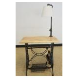 1282	LAMP TABLE CONVERTED FROM ANTIQUE CAST IRON SEWING MACHINE BASE, APPROXIMATELY 28 IN X 18 IN X 