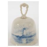 1128	CAC CERAMIC ART CO. BLUE AND WHITE AMERICAN BELLEEK BELL WITH IMAGE OF LIGHT HOUSE, APPROXIMATE