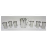 1137	VINTAGE MID CENTURY MODERN HAMMERED ALUMINUM DRINK SET, 8 IN PITCHER WITH 6 MUGS