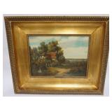 1149	OIL PAINTING ON CANVAS, JAMES VICKERS, IMAGE OF COTTAGE IN FOREST, APPROXIMATELY 31 IN X 25 IN 