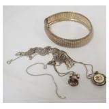 1166	LADIES STERLING SILVER LOCKET, BRACELET AND 4 NECKLACES MARKED ITALY, 1.67 TOZ