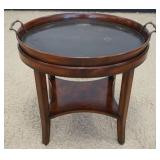 1182	MAHOGANY OVAL TRAY TABLE WITH GREEK KEY BRASS LINED TRAY TOP BURL WOOD UNDERNEATH, APPROXIMATEL