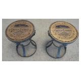 1184	PAIR OF WROUGHT METAL BASE STANDS WITH WOOD TOPS, *CHATEAU LAURENT WINE COLLECTION*, EACH APPRO