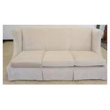 1187	UPHOLSTERED WING BACK BENCH STYLE SETTEE, APPROXIMATELY 84 IN X 48 IN X 38 IN H