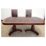 1190	OUTSTANDING DOUBLE PEDESTAL FLAMED MAHOGANY BANDED TOP DINING TABLE WITH 2 LEAVES, TABLE APPROX