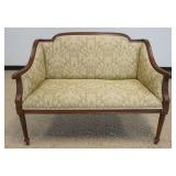 1195	ITALIAN UPHOLSTERED LOVE SEAT WITH REEDED COLUMN LEGS, APPROXIMATELY 50 IN X 24 IN X 37 IN H