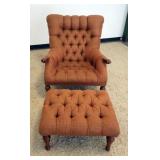 1201	STICKLEY UPHOLSTERED TUFTED ARM CHAIR WITH OTTOMAN, CHAIR APPROXIMATELY 33 IN X 36 IN X 37 IN, 