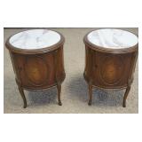 1204	PAIR OF OUTSTANDING ITALIAN ROUND MARBLE TOP 1 DOOR STANDS WITH INLAID FLOWERS IN BASKETS ALL A