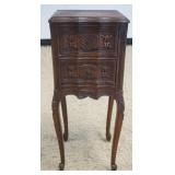 1205	DIMINUATIVE ITALIAN 2 DRAWER CARVED STAND, APPROXIMATELY 12 IN X 11 IN X 30 IN H