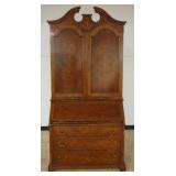 1211	ITALIAN INLAID AND BURL WOOD 2 PART SECRETARY DESK WITH INLAID RAMPART LION CREST, BANDED DRAWE