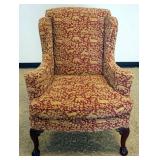 1215	PEARSON UPHOLATERED ARM CHAIR, DEER PRINT AND CARVED BALL AND CLAW FEET, APPROXIMATELY 34 IN X 