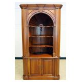 1221	HARDEN CHERRY OPEN FACE CORNER CABINET WITH SCALLOPED EDGE SHELVES AND SHELL CARVED INTERIOR, A