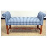 1227	ETHAN ALLEN UPHOLSTERED SCROLLED ARM WINDOW BENCH, LIGHT BLUE PATTERN WITH STRIPES, APPROXIMATE