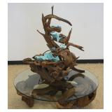 1275	UNUSUAL ADIRONDACK RUSTIC WOOD 2 TEIR, 2 PART WATER FOUNTAIN FLOOR LAMP, LOSS TO WATERFALL TRAY