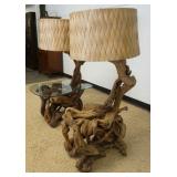 1277	UNUSUAL PAIR OF ADIRONDACK RUSTIC WOOD FLOOR LAMP TABLES, 1 GLASS MISSING, APPROXIMATELY 28 IN 