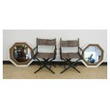 1279	2 LEOPARD FABRIC DIRECTOR CHAIRS AND 2 OCTAGON MIRRORS, CHAIRS APPROXIMATELY 34 IN H, MIRRORS A