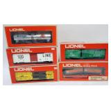 1186	LIONEL TRAIN O GAUGE  5 CARS, GREAT NORTHERN FLAT CAR WITH TRAILERS 6-9282, MOBIL GAS PLATED TA