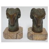 1001	PAIR OF THEODORE ALEXANDER BRONZE RAM HEAD BOOKENDS ON MARBLE BASES