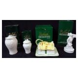 1023	IRISH BELLEEK ASSORTMENT INCLUDING 2 COVERED JARS, FIGURE *THE WARE CARRIER* AND CHEESE DISH, L
