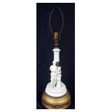 1071	PARIAN TABLE LAMP WITH IMAGE OF WOMAN WITH HARP IN FRONT OF CORINTHIAN COLUMN, APPROXIMATELY 28