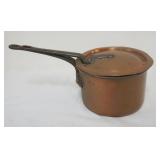 1083	D. H. & M. CO. NY PRIMITIVE COPPER POT WITH LID AND CAST IRON HANDLES, APPROXIMATELY 7 IN X 13 