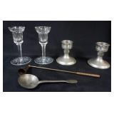 1116	WATERFORD CRYSTAL CANDLESTICKS, EMPIRE PEWTER CANDLESTICKS, SNUFFER AND SPOON, TALLEST APPROXIM