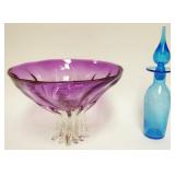 1120	ART GLASS AMETHYST TO CLEAR COMPOTE, ED BRANSON BLOWN GLASS AND BLUE CRACKEL DECANTOR, LARGEST 