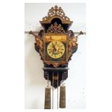 1136	CONTINENTIAL WEIGHT DRVIEN WALL CLOCK WITH PAINT DECORATED METAL FRETWORK, RAMPART LIONS, BIRDS