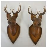 1138	PAIR OF GERMAN WOOD CARVED STAG HEADS, EACH APPROXIMATELY 4 IN X 7 IN X 12 IN H