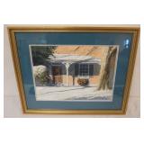 1146	FRAMED WATERCOLOR, JOHN SACALIS, IMAGE OF WINTER SCENE OF BRICK PORCH FRONT, APPROXIMATELY 20 I