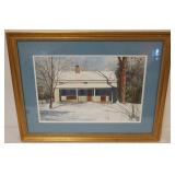 1147	FRAMED WATERCOLOR, JOHN SACALIS, IMAGE OF WINTER SCENE OF COUNTRY HOME, APPROXIMATELY 22 IN X 2