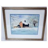 1149	FRAMED WATERCOLOR, JOHN SACALIS, WINTER SCENE OF BARN, APPROXIMATELY 18 IN X 15 IN OVERALL