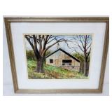 1150	FRAMED WATERCOLOR, JOHN SACALIS, AUTUMN WOODED LANDSCAPE OF BARN, APPROXIMATELY 15 IN X 18 IN O