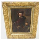 1156	FRAMED PAINTING ON BOARD, PORTRAIT OF MAN AND YOUNG BOY CARRYING SHEILD AND SWORD, APPROXIMATEL