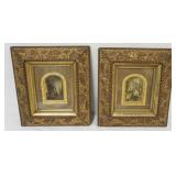 1157	PAIR OF PRINTS IN OAK LEAF FRAMES, EACH APPROXIMATELY 16 IN X 18 IN, SOME LOSS TO FRAMES